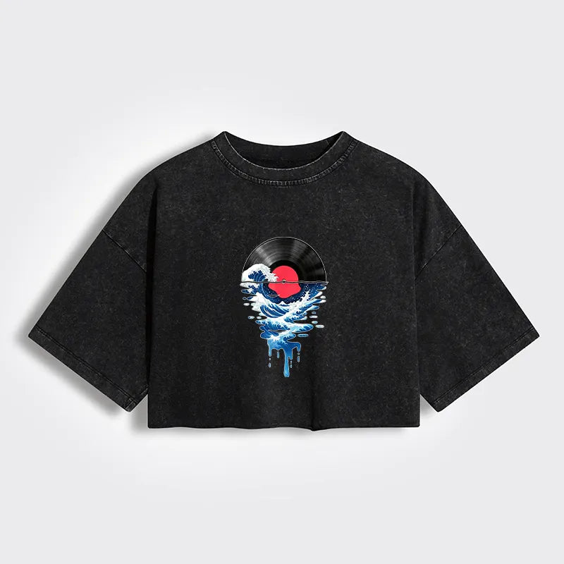 Kyoto-Lion Vinyl Records And Waves Women's Washed Crop T-Shirt