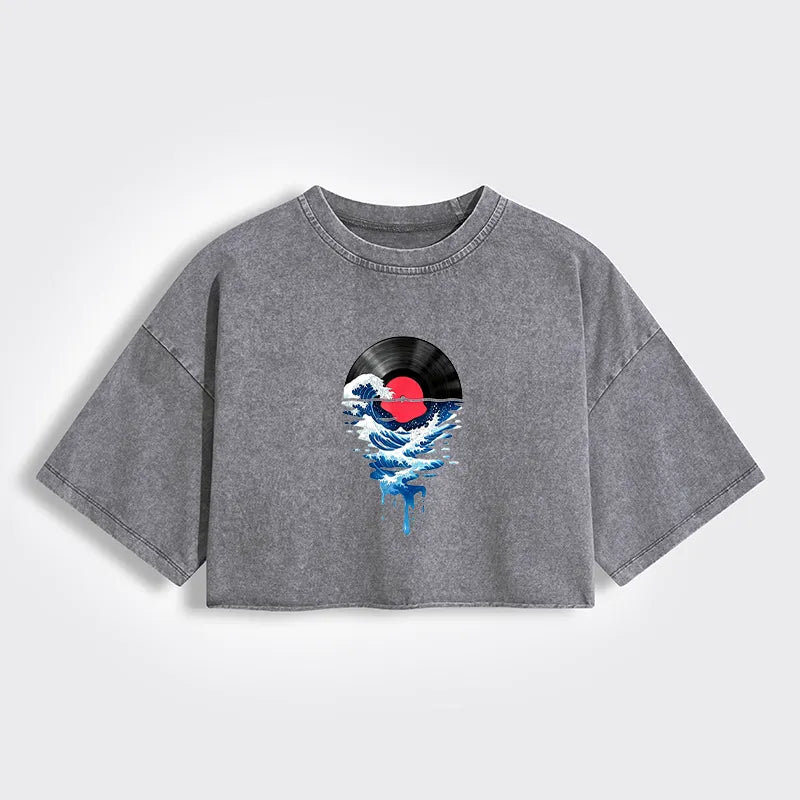 Kyoto-Lion Vinyl Records And Waves Women's Washed Crop T-Shirt