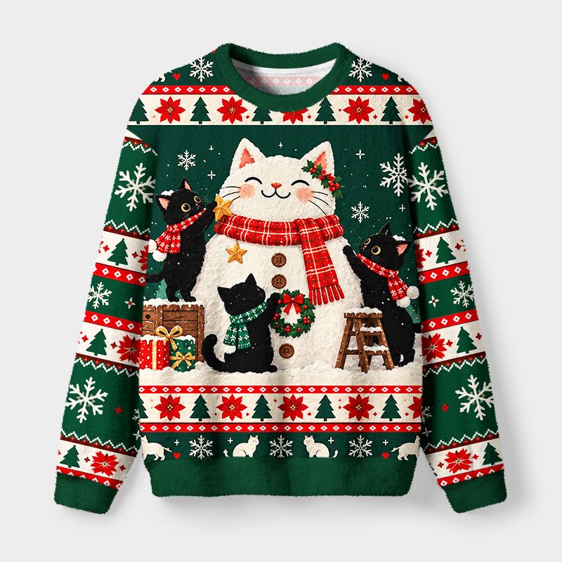 Kyoto-Lion Cats Build Snowcat Funny Meme Fuzzy Christmas Ugly Sweatshirt