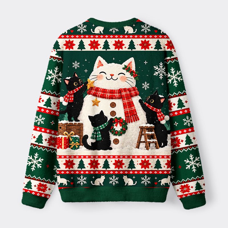 Kyoto-Lion Cats Build Snowcat Funny Meme Fuzzy Christmas Ugly Sweatshirt