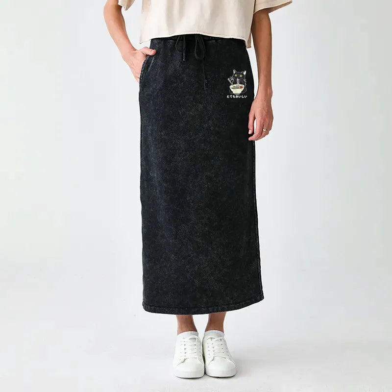 Kyoto-Lion Cats Eat Ramen Noodles Washed Terry Skirt