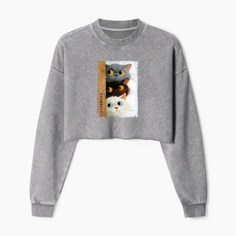 Cute Cats Japanese Washed Crop Sweatshirt