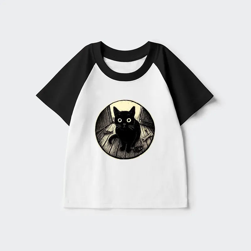 Cute Black Cat Raglan Shirt for Boys