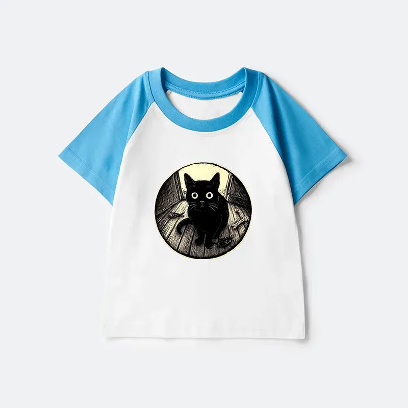Black Cat Ukiyo-e Kids T-shirt for Daily Wear