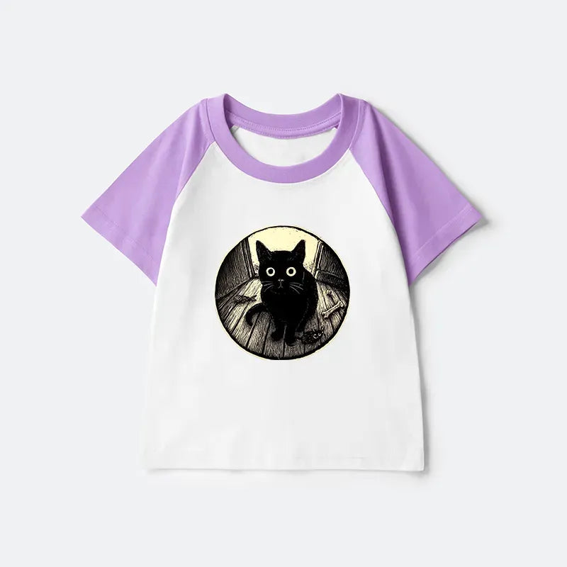 Black Cat Ukiyo-e Kids T-shirt for Daily Wear