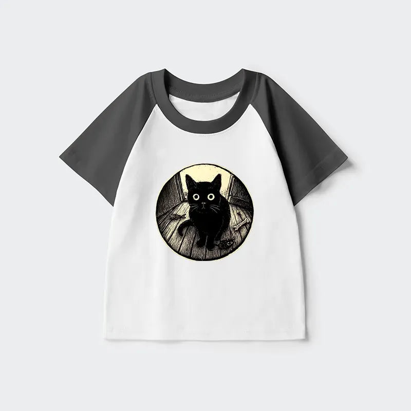 Kyoto-Lion Waiting Black Cat Kids Raglan T-shirt