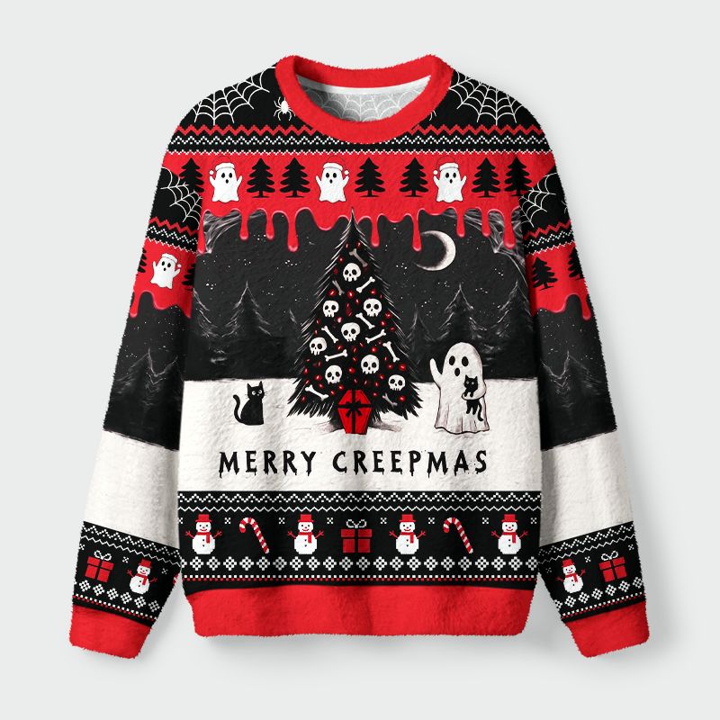 Kyoto-Lion Cat And Ghostly Skull Christmas Tree Fuzzy Christmas Ugly Sweatshirt