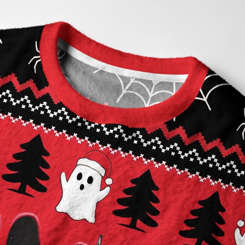 Kyoto-Lion Cat And Ghostly Skull Christmas Tree Fuzzy Christmas Ugly Sweatshirt