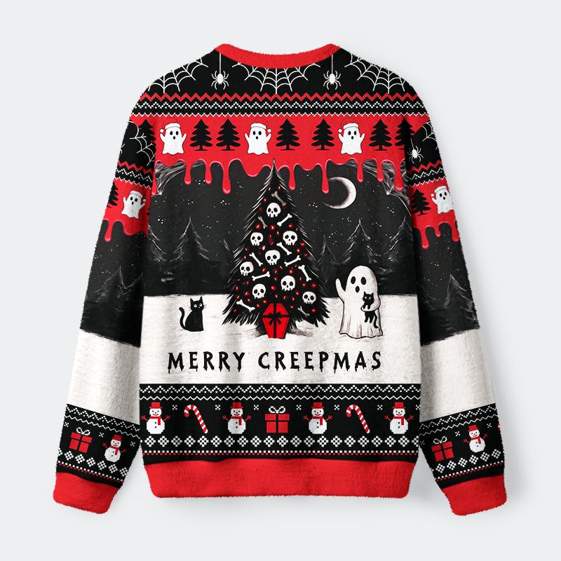 Kyoto-Lion Cat And Ghostly Skull Christmas Tree Fuzzy Christmas Ugly Sweatshirt