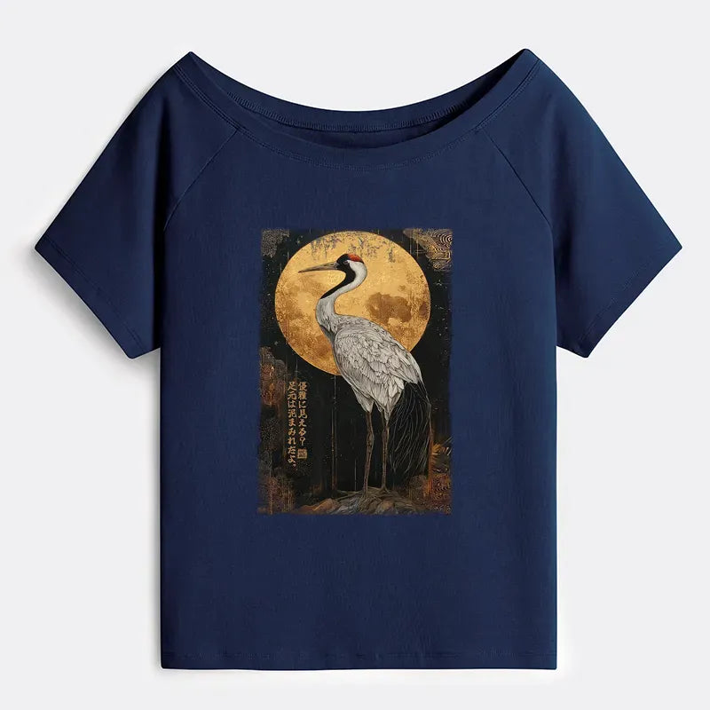 Kyoto-Lion Vintage Japanese Crane Kanji Off Shoulder T-Shirt