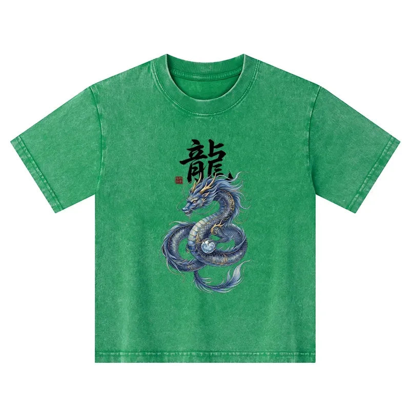 Kyoto-Lion Mythic Blue Dragon Kids Washed T-Shirt