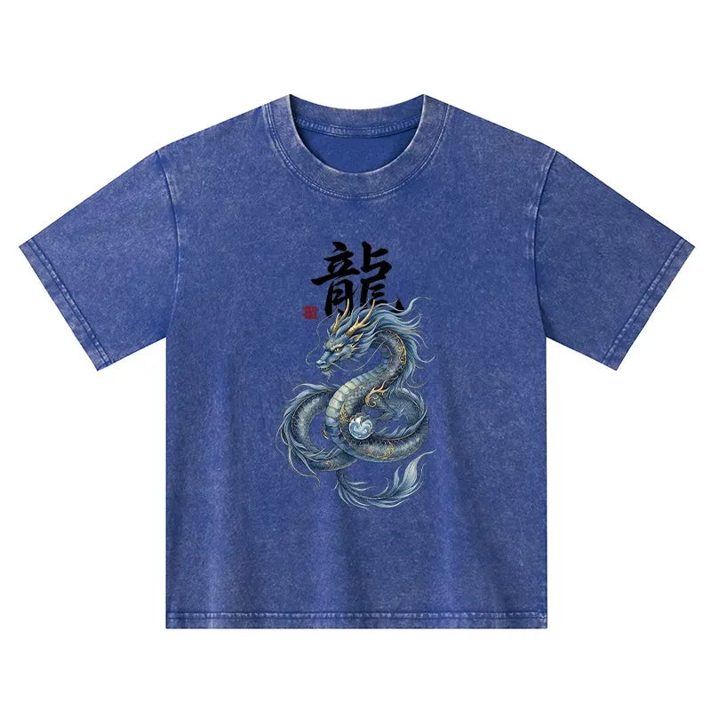 Kyoto-Lion Mythic Blue Dragon Kids Washed T-Shirt