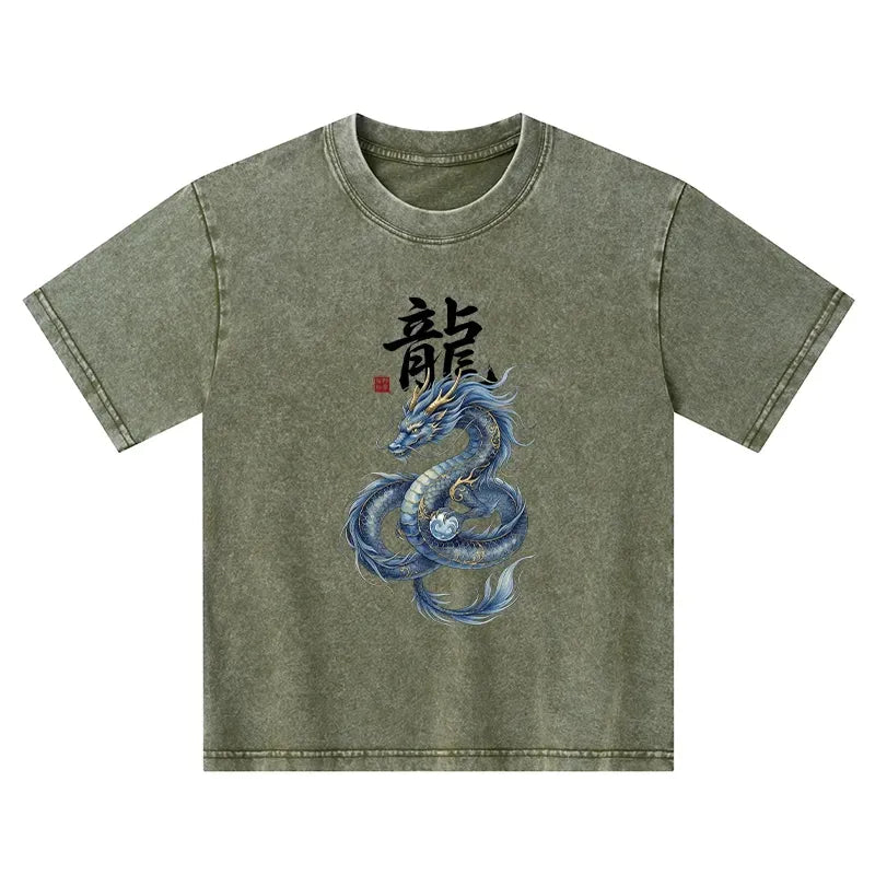 Kyoto-Lion Mythic Blue Dragon Kids Washed T-Shirt