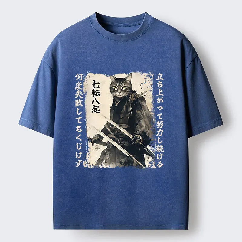 Japanese Samurai Cat Washed T-Shirt