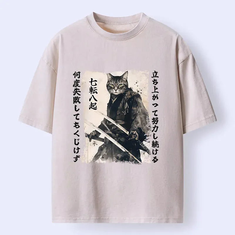 Japanese Samurai Cat Washed T-Shirt