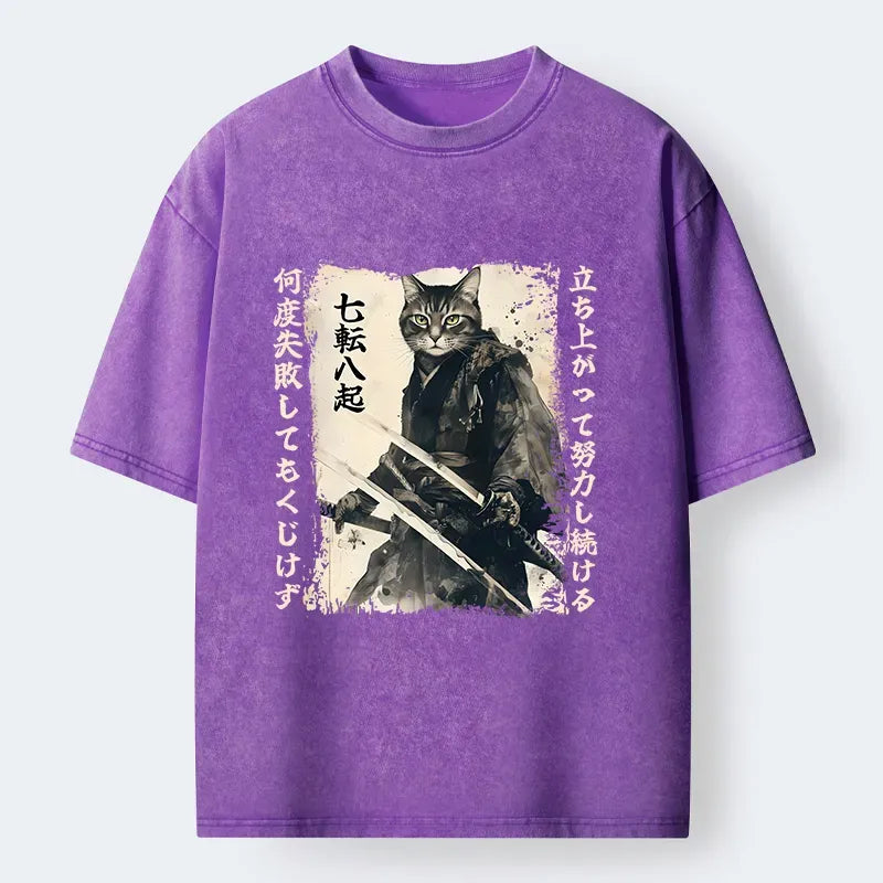 Japanese Samurai Cat Washed T-Shirt
