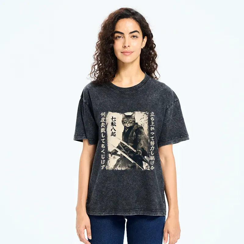 Japanese Samurai Cat Washed T-Shirt