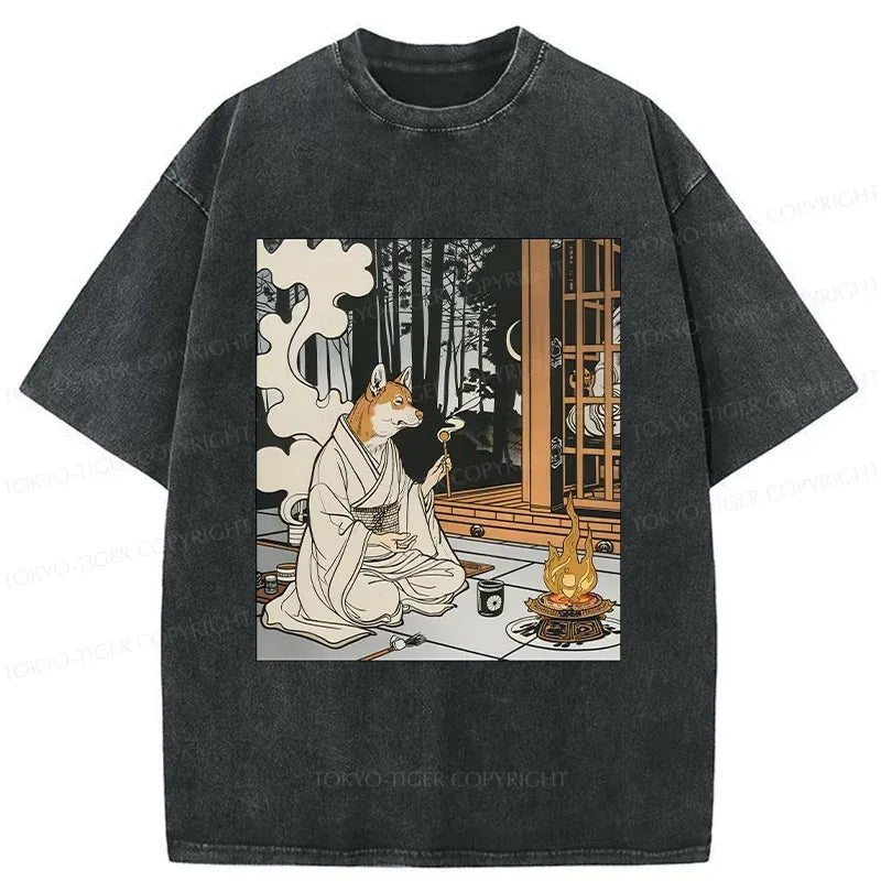 Kyoto-Lion Zen Dog Japanese Washed T-Shirt