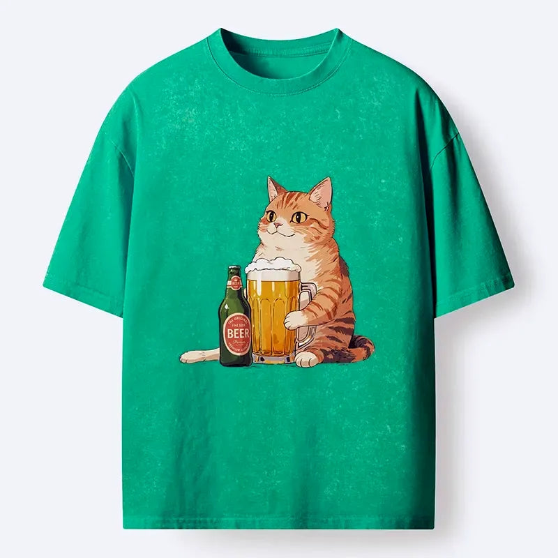 Kyoto-Lion Funny Beer Cat After Work Washed T-Shirt