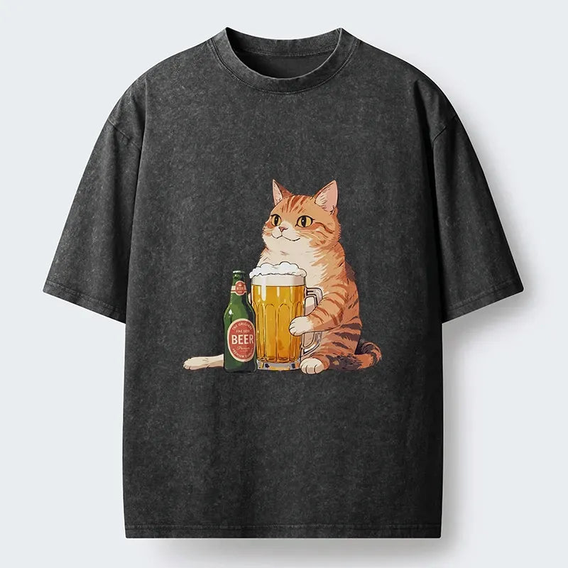 Kyoto-Lion Funny Beer Cat After Work Washed T-Shirt