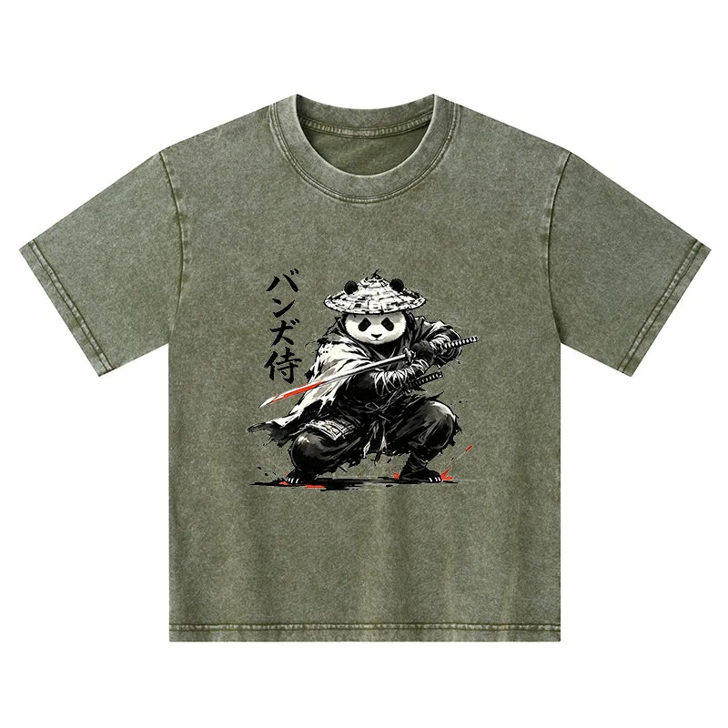 Kyoto-Lion Panda Samurai Warrior Kids Washed T-Shirt