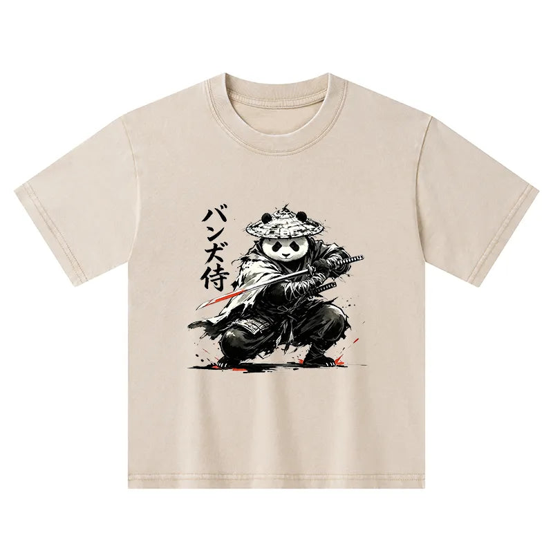 Kyoto-Lion Panda Samurai Warrior Kids Washed T-Shirt