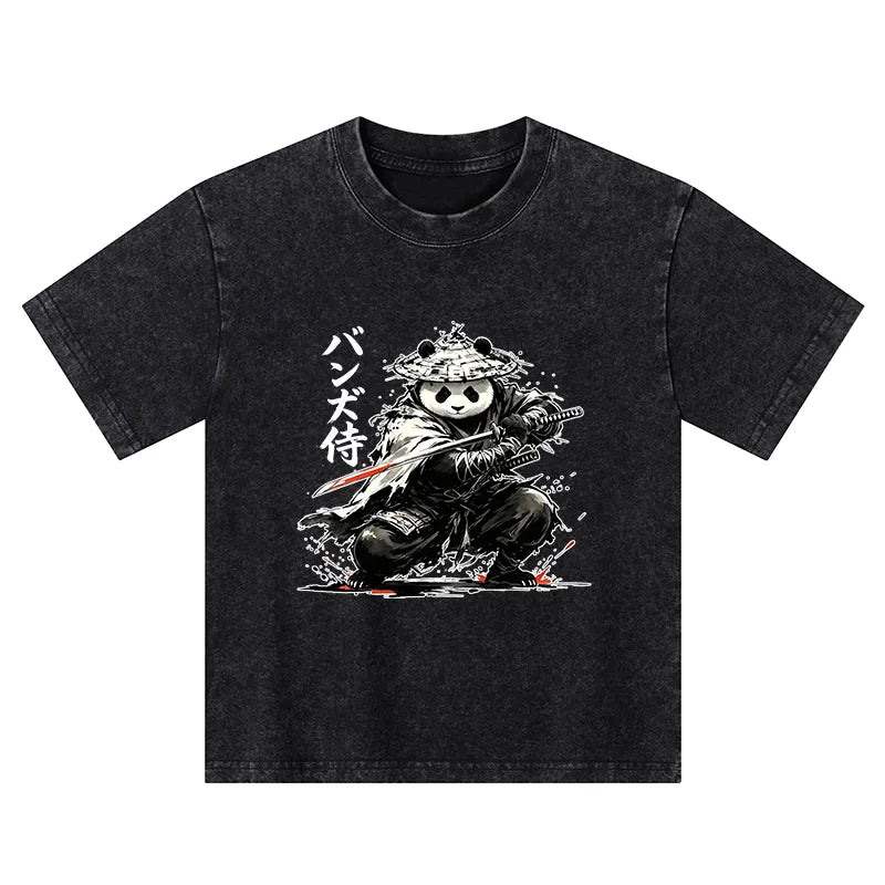 Kyoto-Lion Panda Samurai Warrior Kids Washed T-Shirt