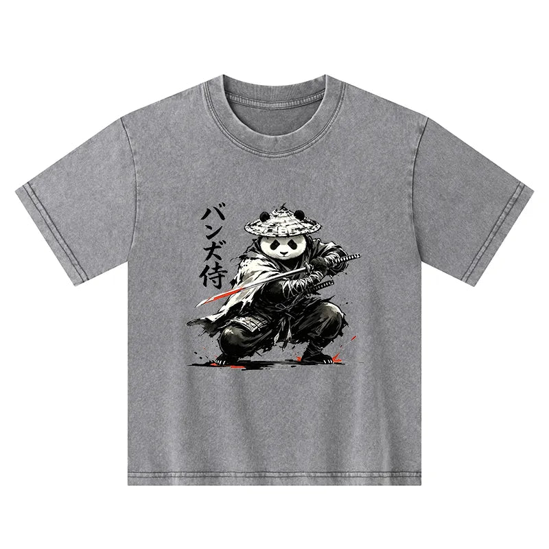 Kyoto-Lion Panda Samurai Warrior Kids Washed T-Shirt