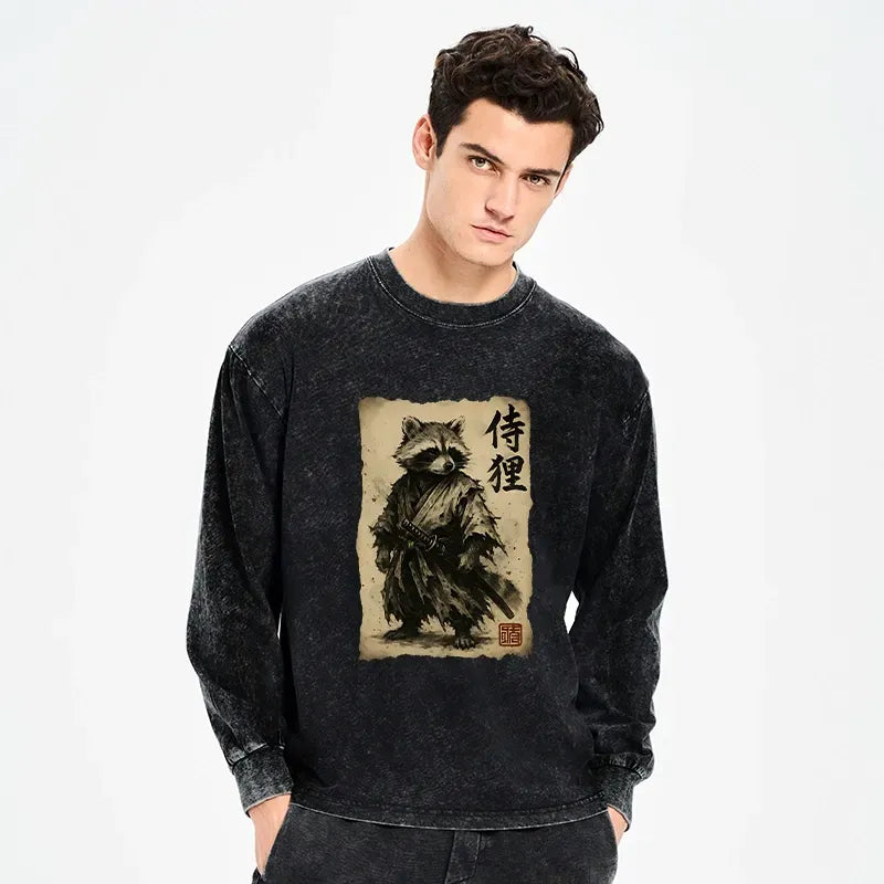 Kyoto-Lion Retro Raccoon Samurai Washed Long Sleeve T-Shirt