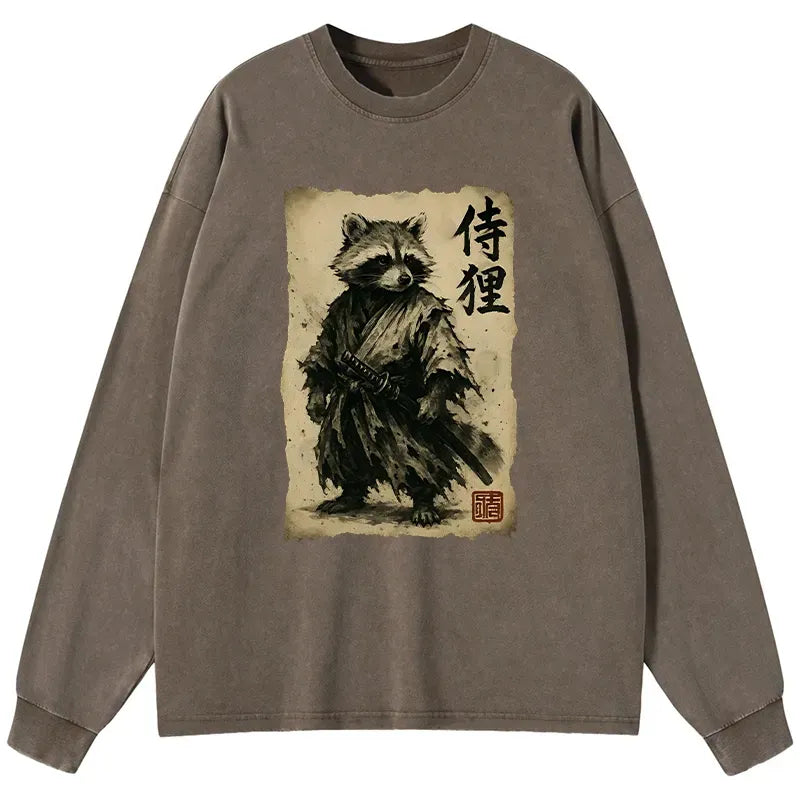 Kyoto-Lion Retro Raccoon Samurai Washed Long Sleeve T-Shirt