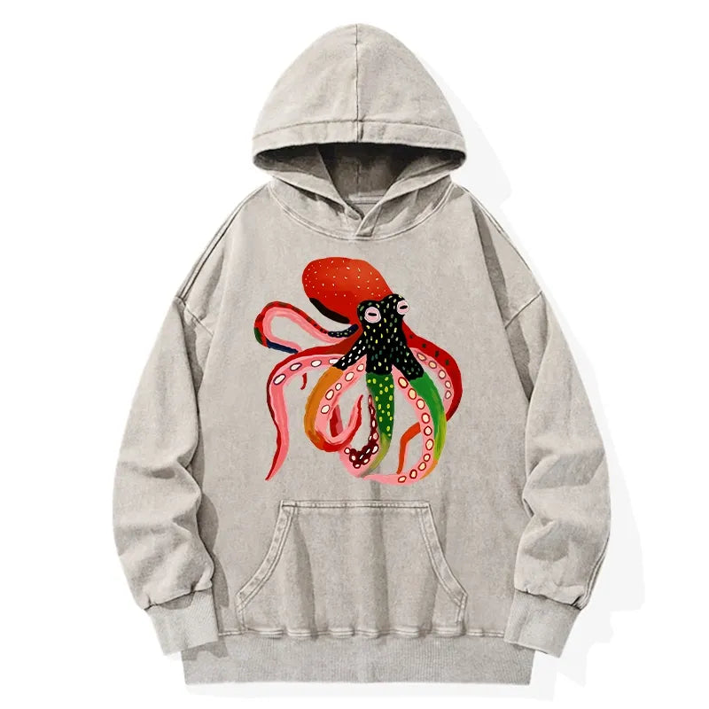 Kyoto-Lion Colorful Octopus Art Washed Hoodie