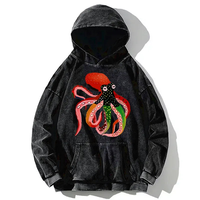 Kyoto-Lion Colorful Octopus Art Washed Hoodie