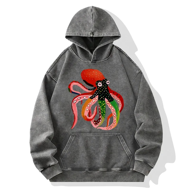 Kyoto-Lion Colorful Octopus Art Washed Hoodie