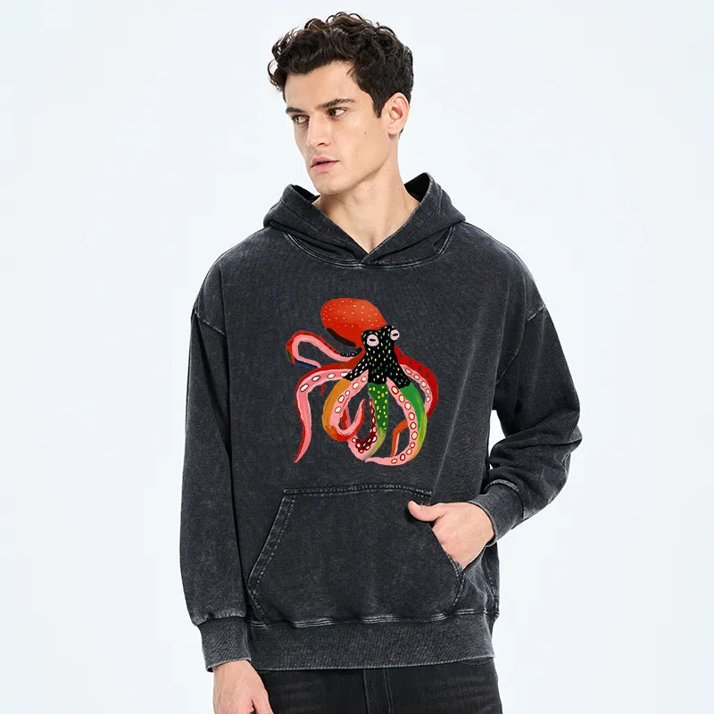 Kyoto-Lion Colorful Octopus Art Washed Hoodie