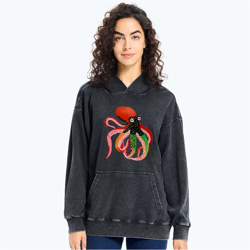 Kyoto-Lion Colorful Octopus Art Washed Hoodie