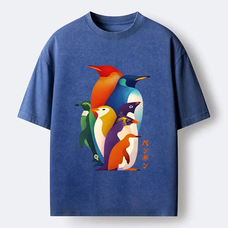 Kyoto-Lion Cute Multi Tone Penguins Washed T-Shirt
