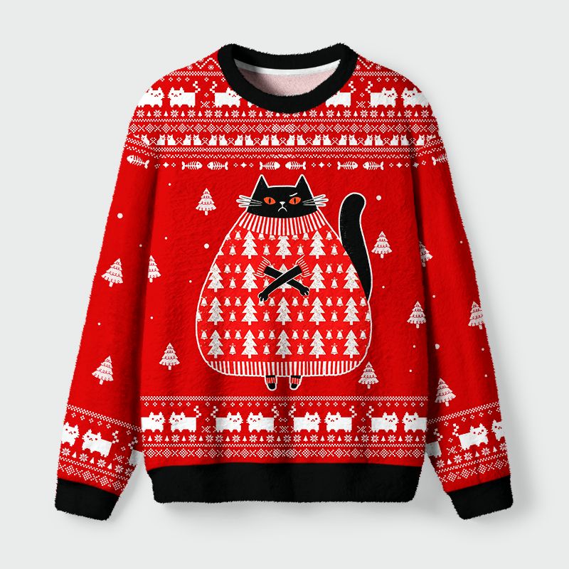 Kyoto-Lion Black Cat In An Ugly Sweater Fuzzy Christmas Ugly Sweatshirt