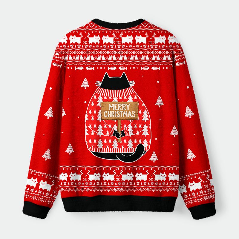 Kyoto-Lion Black Cat In An Ugly Sweater Fuzzy Christmas Ugly Sweatshirt