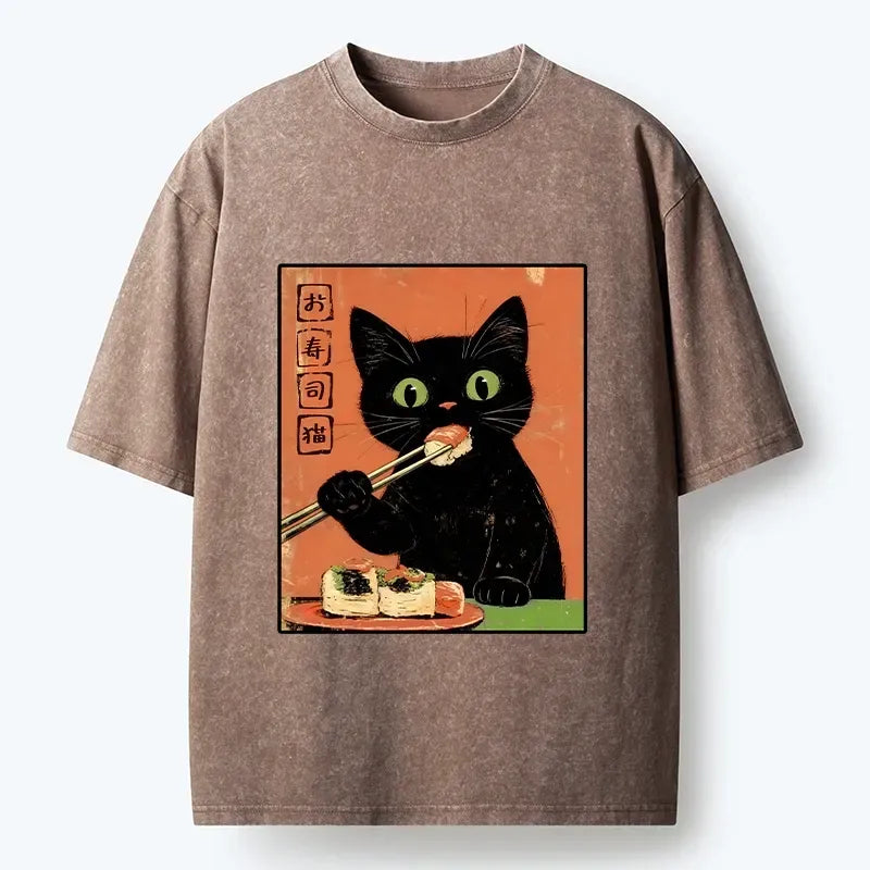 Kyoto-Lion Japanese Style Sushi Cat Art Washed T-Shirt