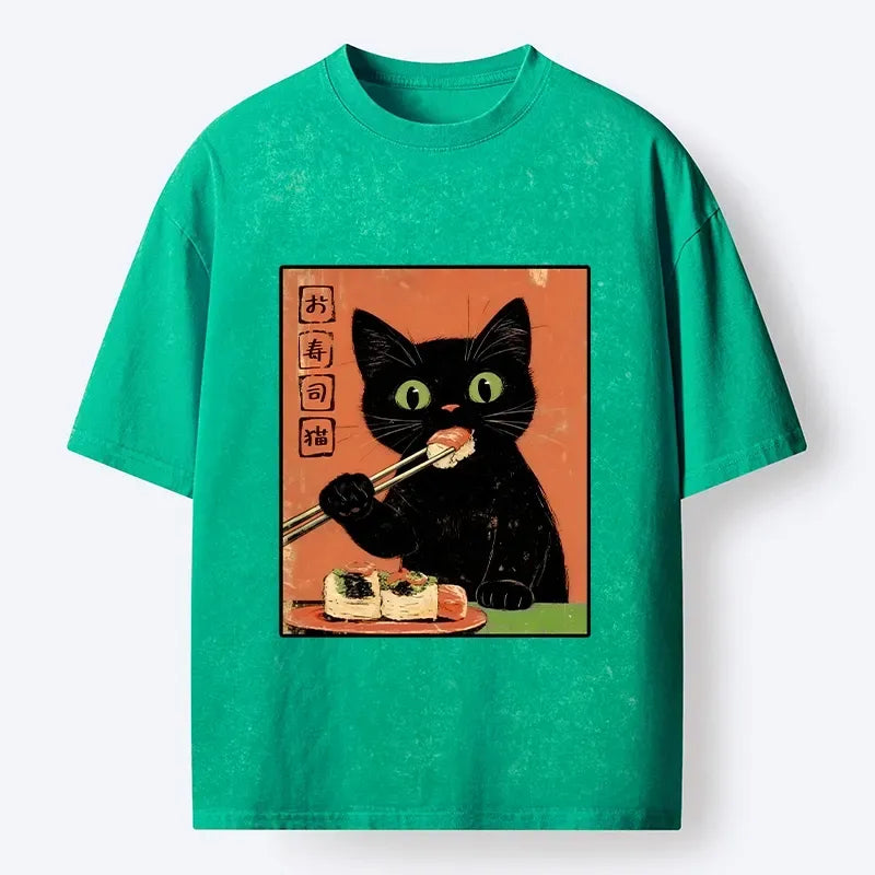 Kyoto-Lion Japanese Style Sushi Cat Art Washed T-Shirt