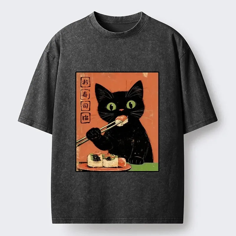 Kyoto-Lion Japanese Style Sushi Cat Art Washed T-Shirt