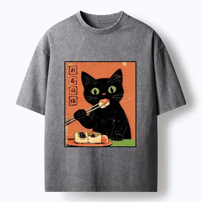Kyoto-Lion Japanese Style Sushi Cat Art Washed T-Shirt
