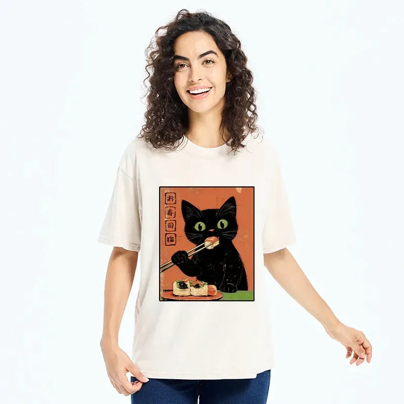 Kyoto-Lion Japanese Style Sushi Cat Art Washed T-Shirt