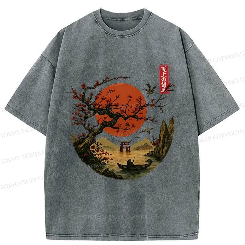 Japanese tranquil scenery washed t-shirt for daily wear