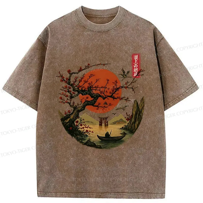 Japanese tranquil scenery washed t-shirt for daily wear