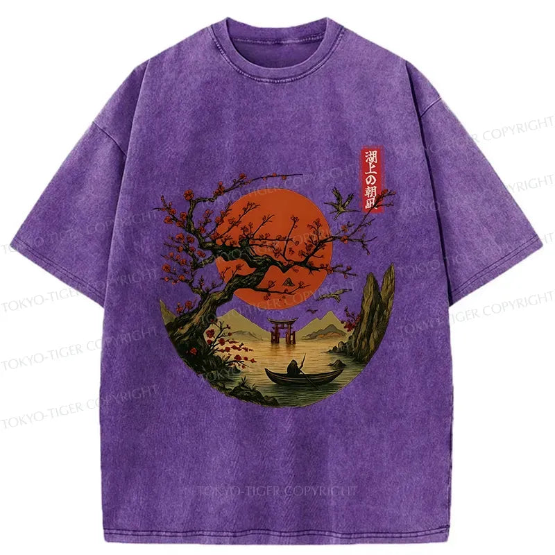 Japanese tranquil scenery washed t-shirt for daily wear
