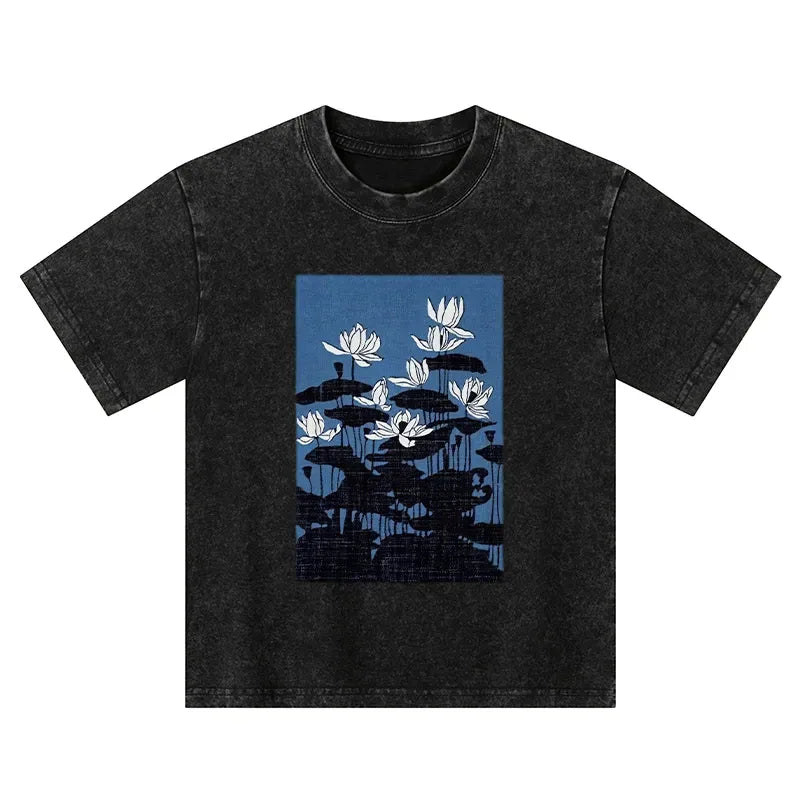 Kyoto-Lion Blue Lotus Japanese Art Kids Washed T-Shirt