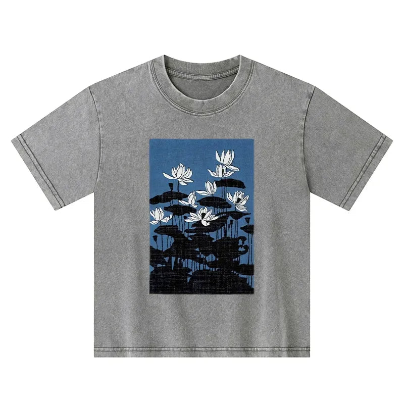 Kyoto-Lion Blue Lotus Japanese Art Kids Washed T-Shirt