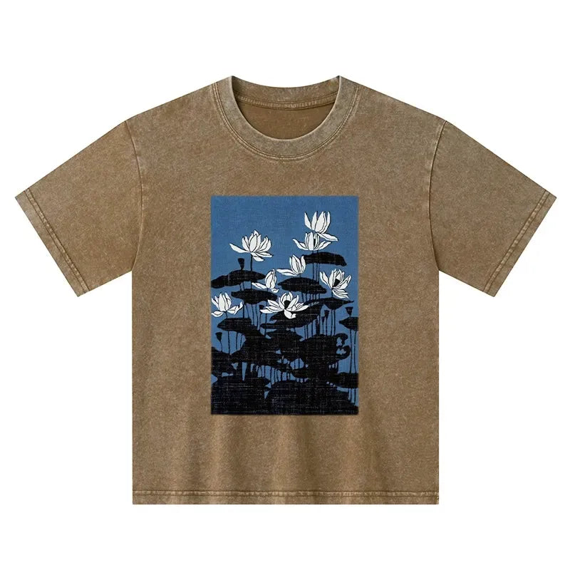 Kyoto-Lion Blue Lotus Japanese Art Kids Washed T-Shirt