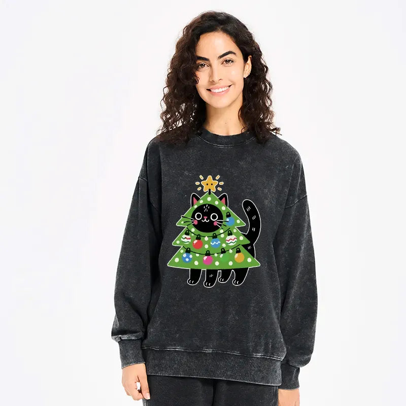 Kyoto-Lion Christmas Tree Cat Washed Sweatshirt